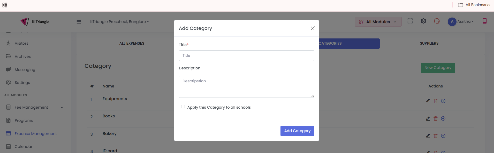 Add Category dialog with title and description fields