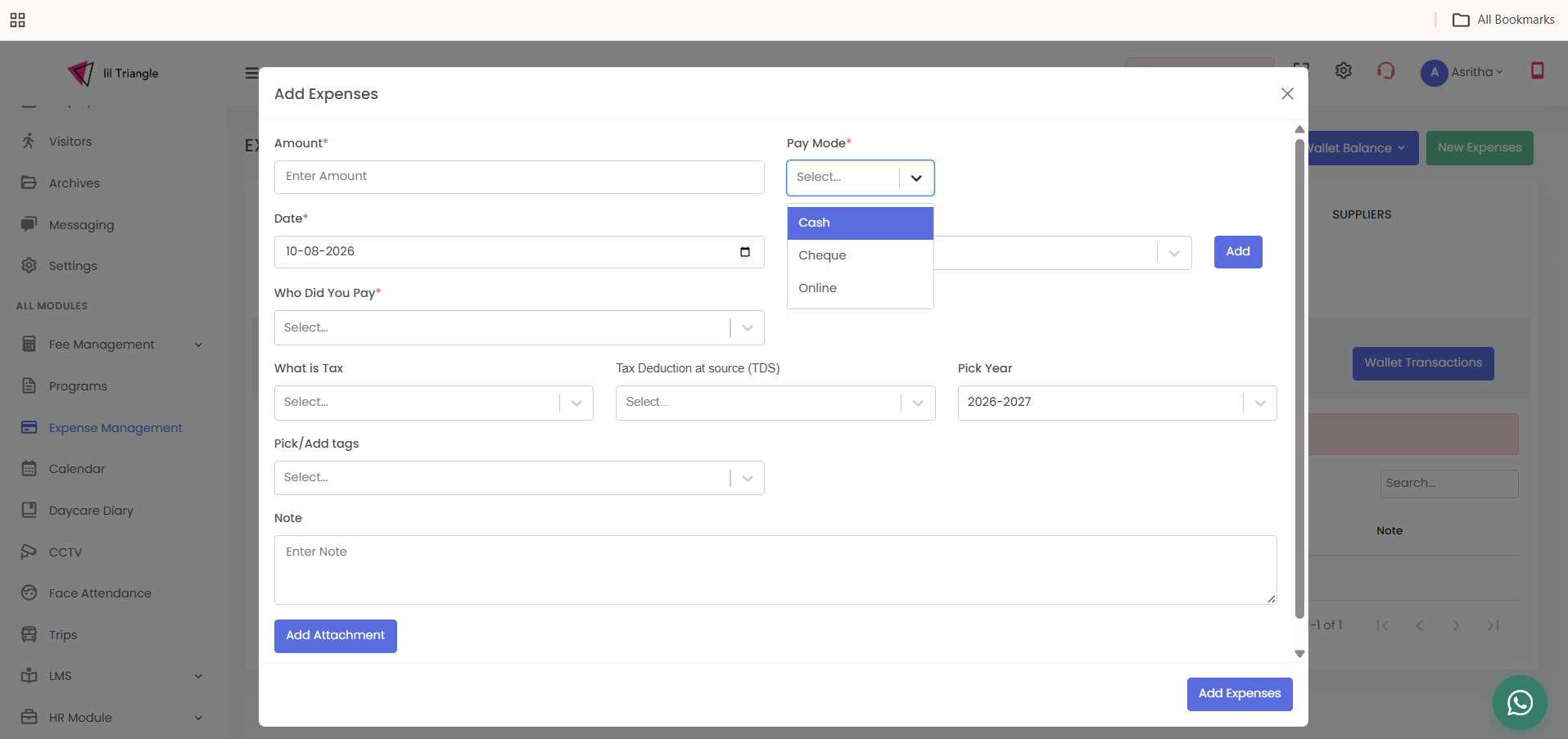 Add Expenses dialog with the Pay Mode dropdown open, showing Cash, Cheque and Online options