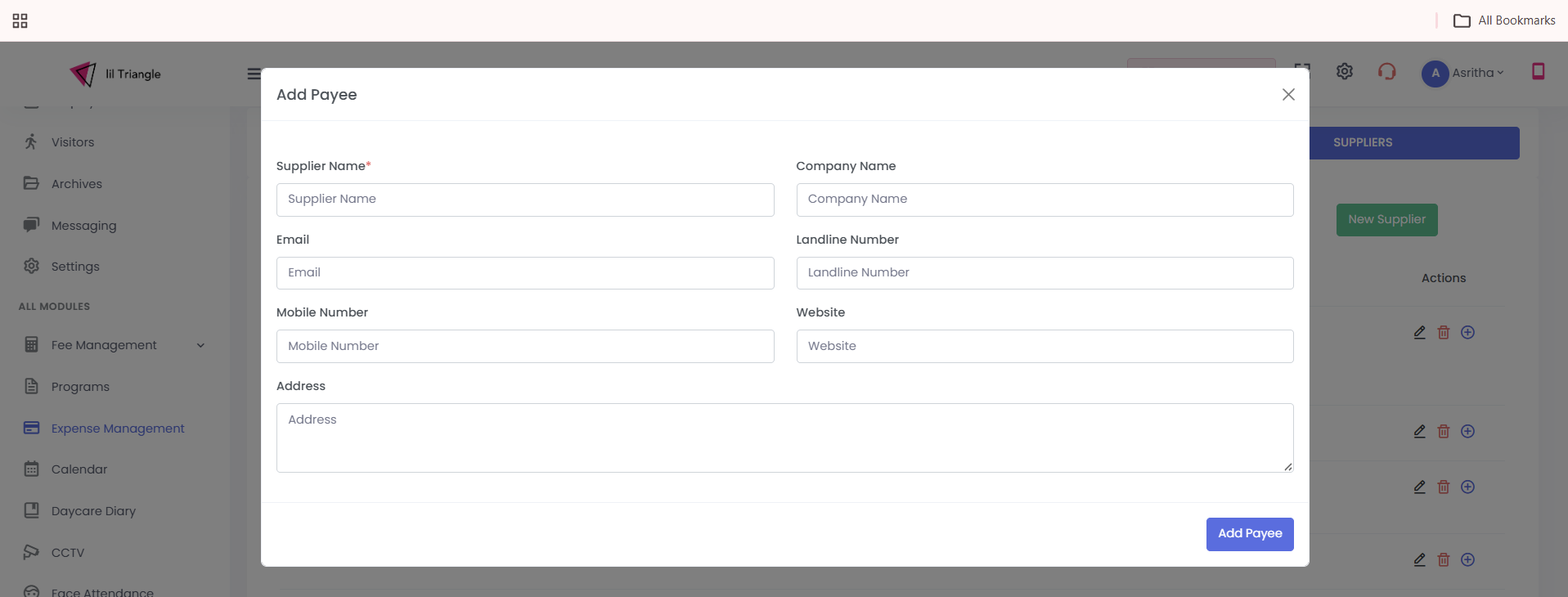 Add Payee dialog with supplier name, company, contact and address fields