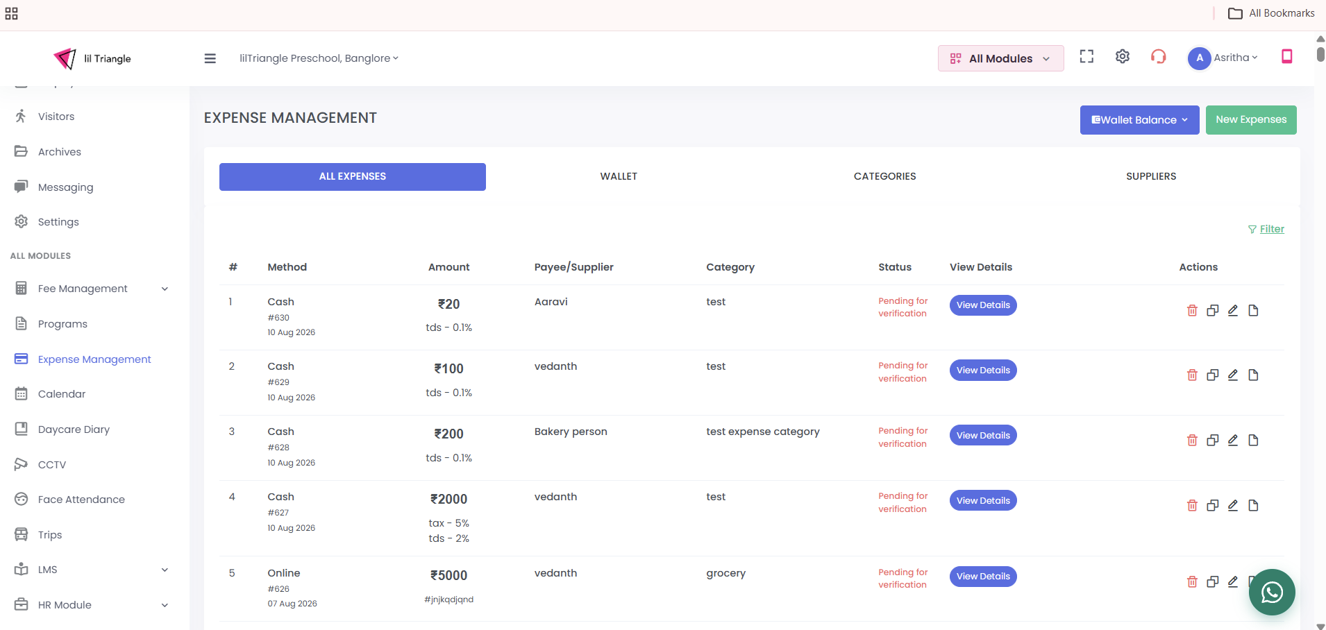 Expense Management module showing the All Expenses tab with recorded expenses, wallet balance and New Expenses button