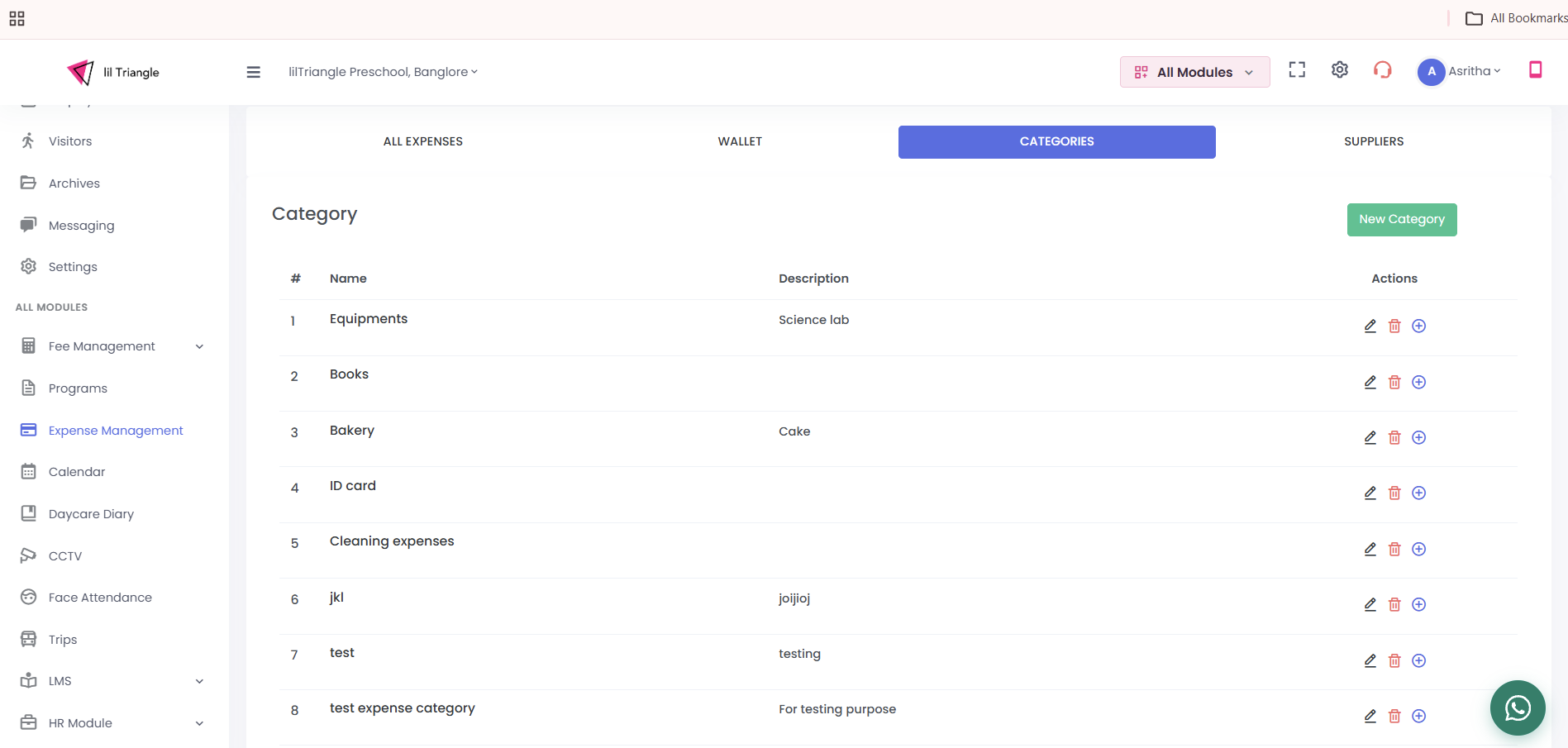 Categories tab listing expense categories with their names, descriptions and actions