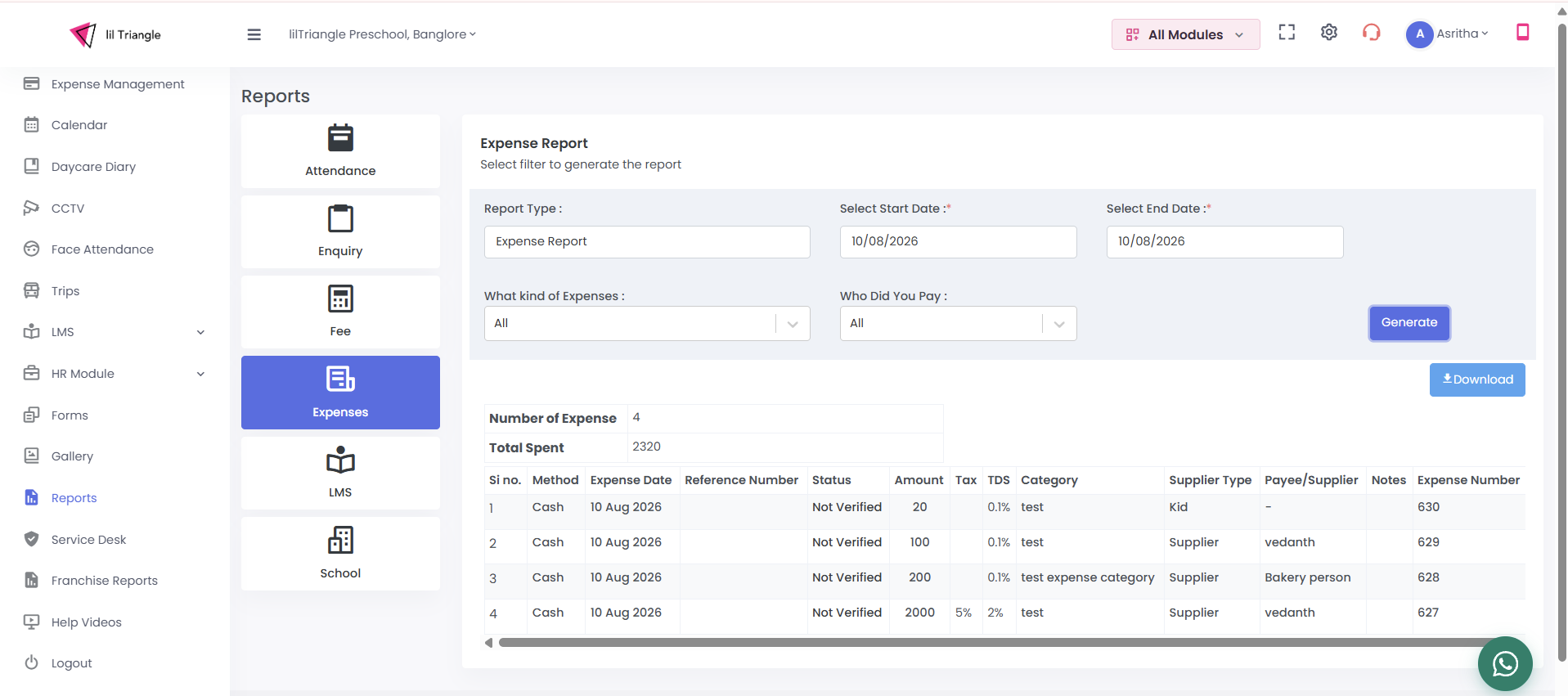 Expense Report screen in the Reports module, with filters, a generated expense summary and a Download button