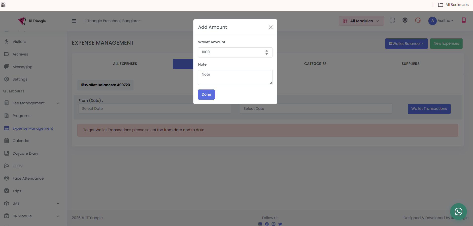 Add Amount dialog on the Wallet tab, with fields for wallet amount and a note