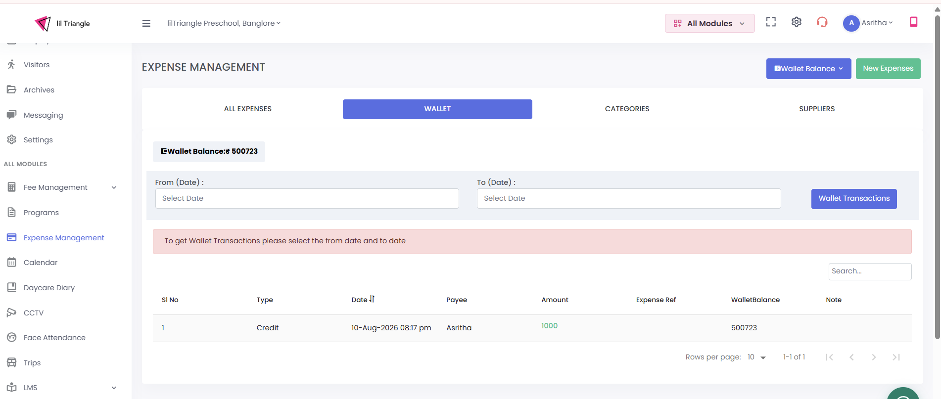 Wallet tab showing the available wallet balance, date filters and the wallet transactions list