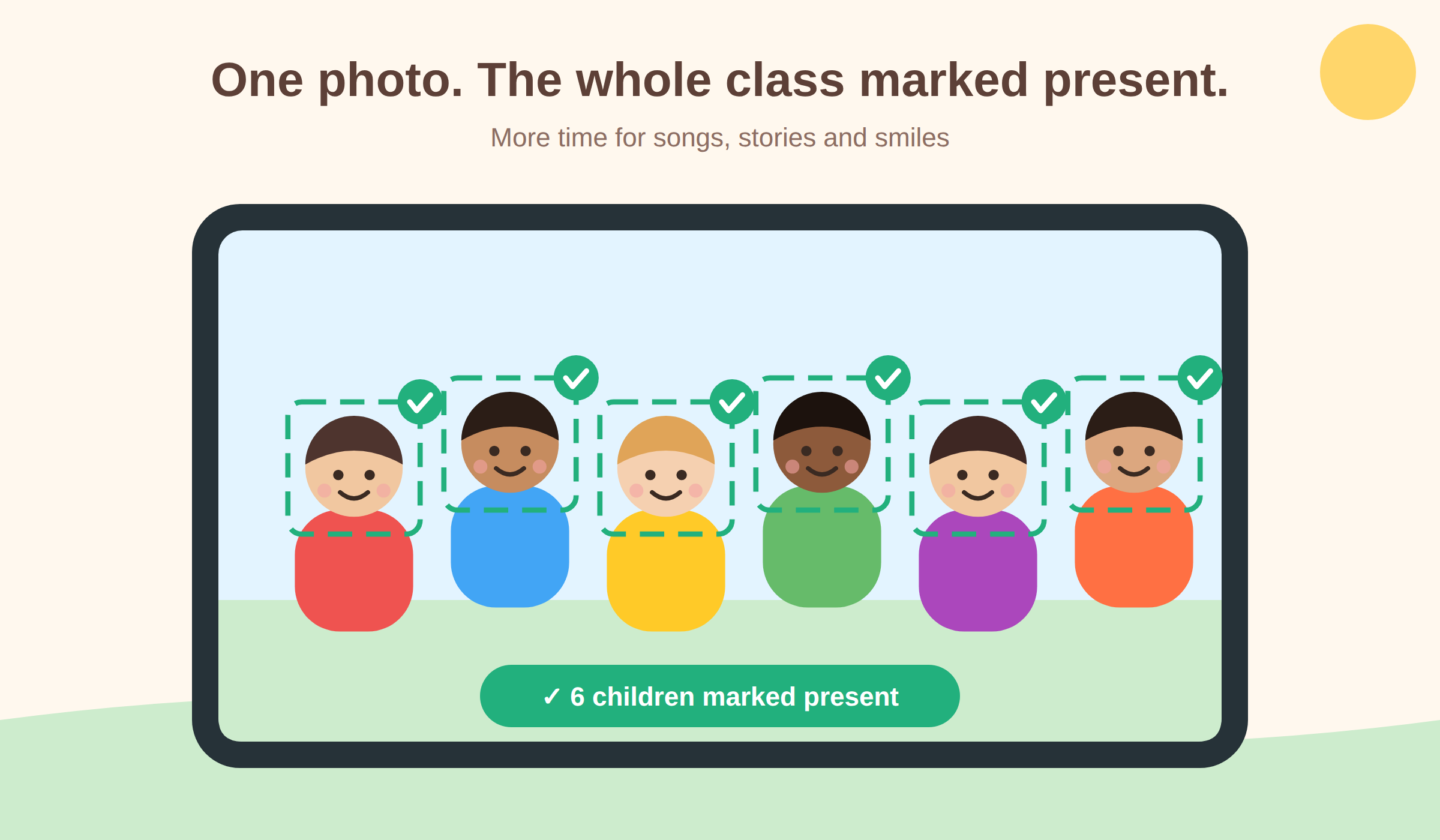One photo. The whole class marked present. A tablet shows six children, each face recognised and ticked, with "6 children marked present".