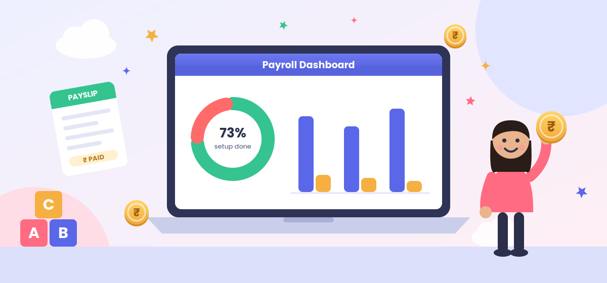 Payroll dashboard illustration showing setup progress, salary charts and a payslip marked as paid.