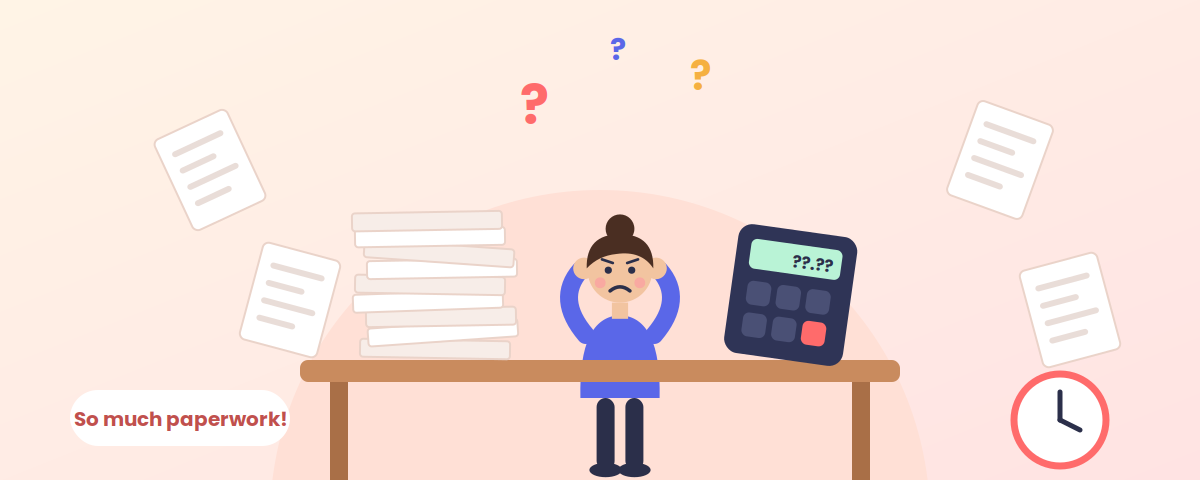 Illustration of payroll done by hand, with stacks of paperwork, a calculator, question marks and a clock.
