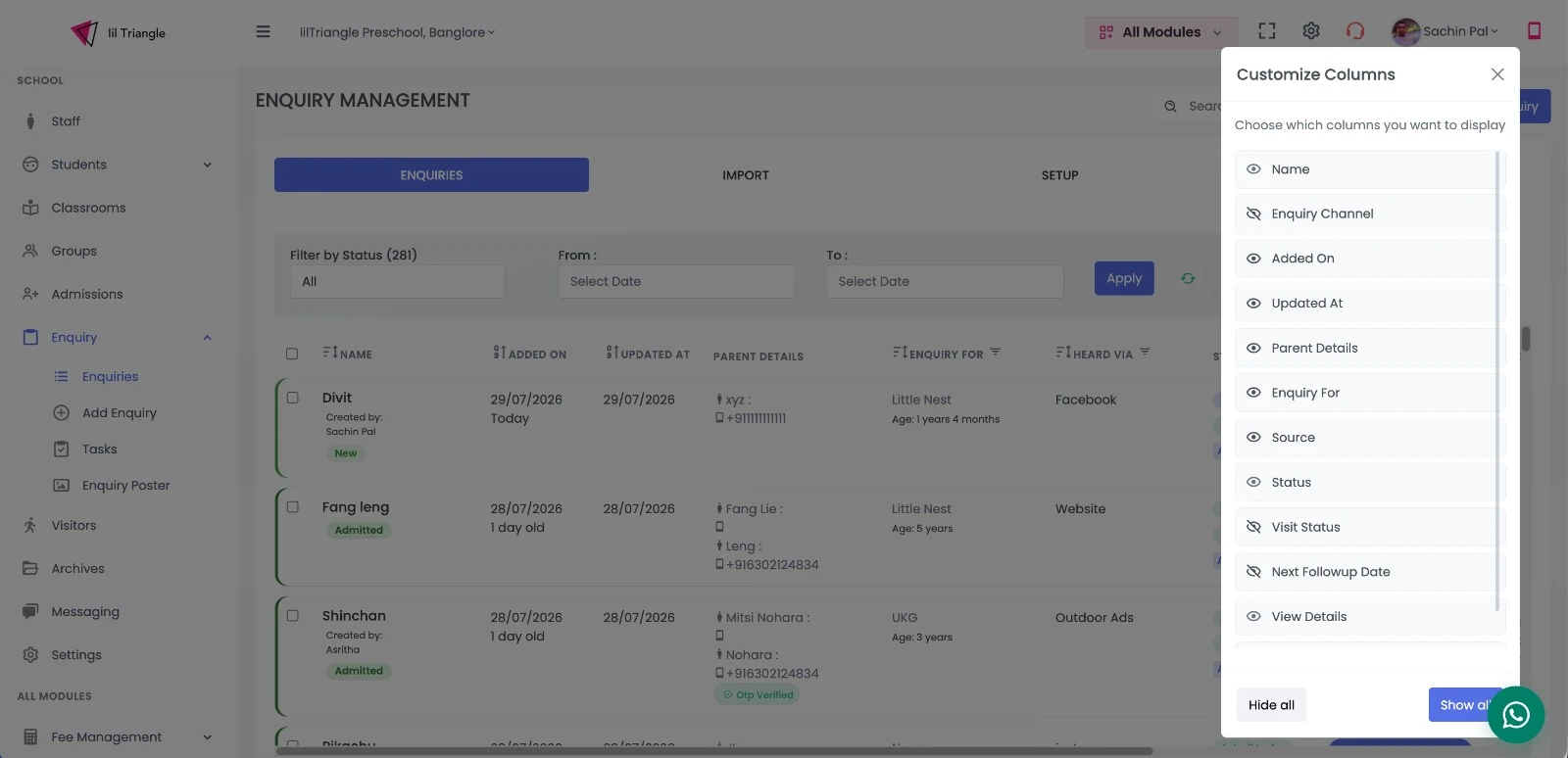 Customize Columns Panel