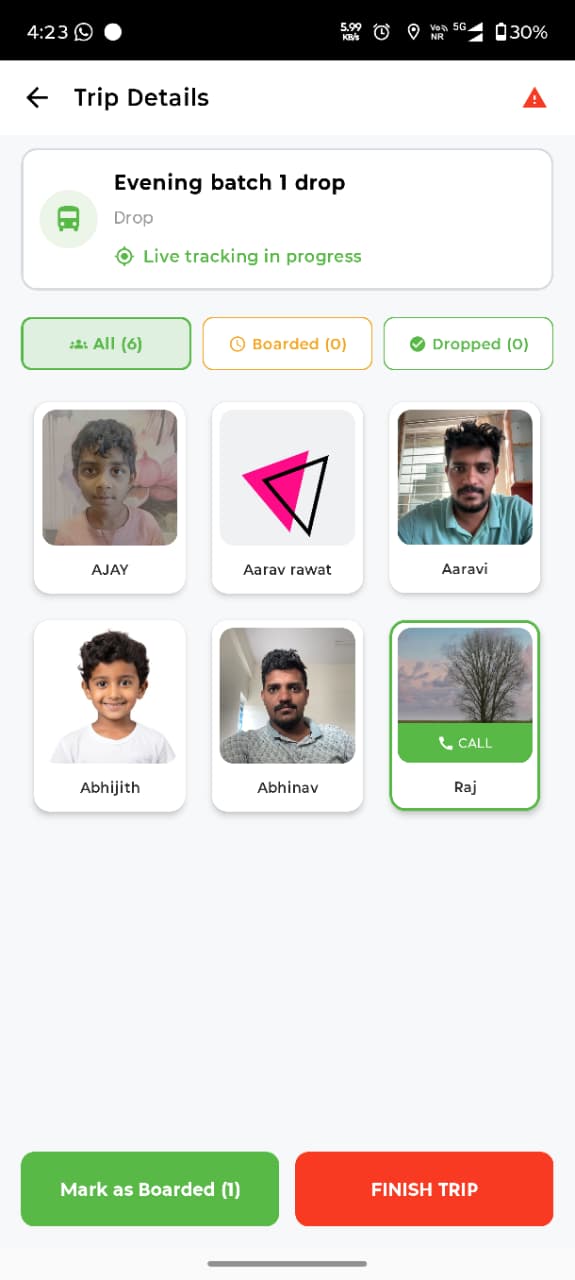 At school โ select and board. Driver selects a child (Raj) and taps Mark as Boarded.